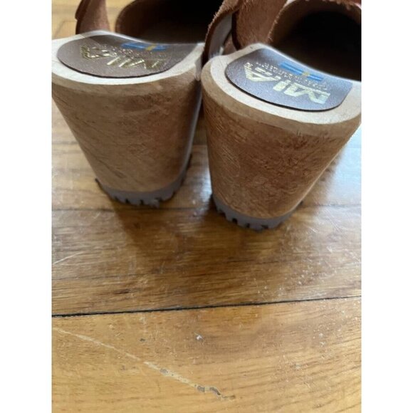 MIA Abba Summer Wooden Clog Sandals Sweden Size 38 Luggage Brown Leather - Picture 12 of 15